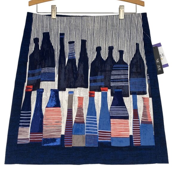 NWT NIC+ZOE 10P Pencil Skirt French Wine Bottle Print Navy Mid Rise Pinstripe - Picture 1 of 12